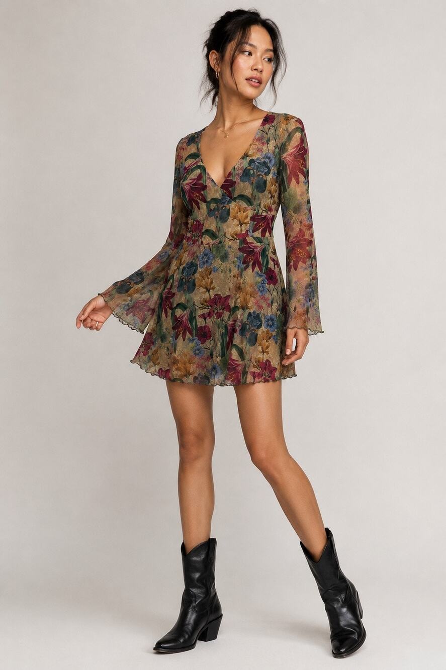 PrettyLittleThing Tapestry Floral Bell Sleeve Mini Dress 6 Whimsigoth Fairycore